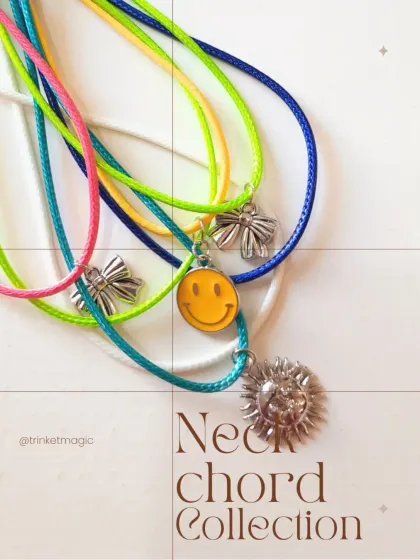 A closer look at the Neck Chord Collection, featuring the smiley, bow, and sun charms on colorful cords. They are lightweight, trendy, and affordable.