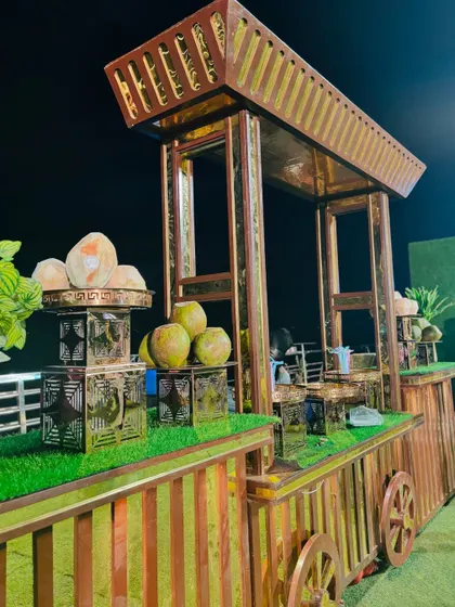 A train-cart themed station for serving fresh coconut water.