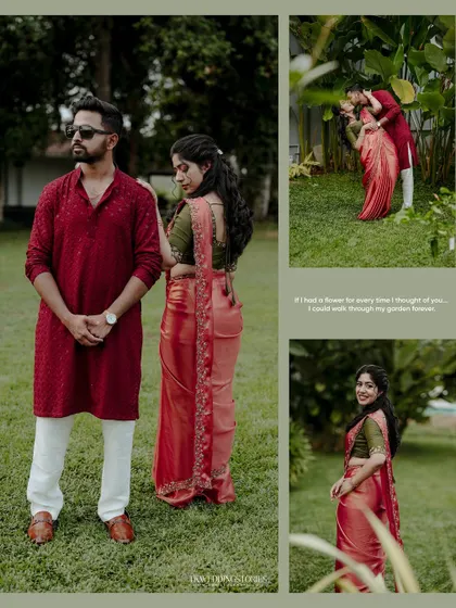 A collage from a post-wedding shoot in a lush garden, showing a variety of poses from classic portraits to candid moments.