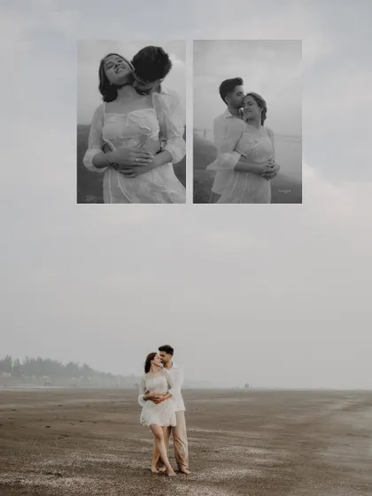 A collage of pre-wedding moments on the beach, showing the couple's playful and romantic interactions in both color and black and white.