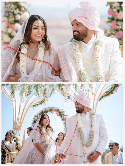 Two beautiful perspectives of the wedding ceremony, showing the couple's joyful expressions as they are bound together in a sacred ritual.