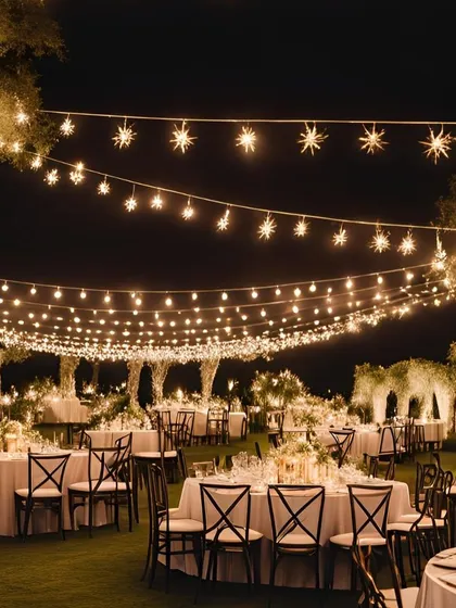A classic and romantic outdoor reception setup. The entire area is lit by strings of star-shaped fairy lights, creating a warm and inviting atmosphere for dinner and dancing.
