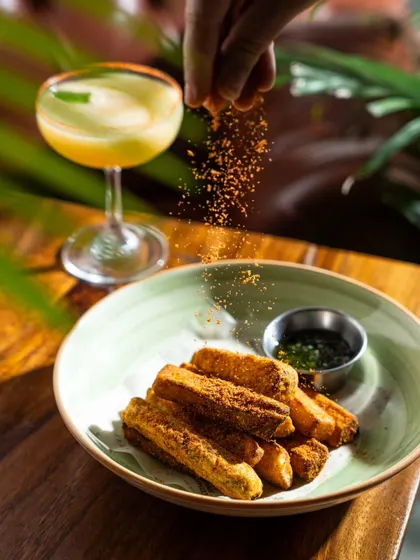 A hand sprinkling seasoning over crispy fries. This type of detailed action shot highlights the final, flavorful touches that make a dish special.