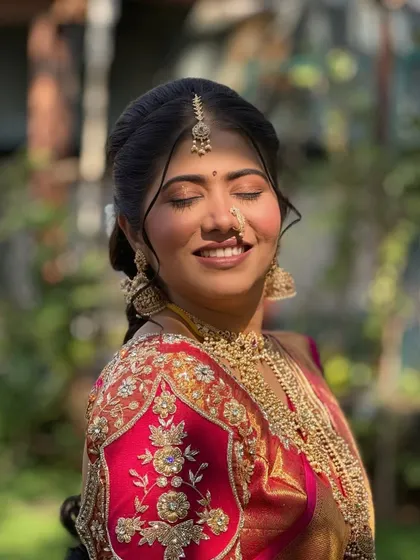 A close-up of her sun-kissed bridal glow. The makeup is soft and luminous, designed to look flawless in natural light.