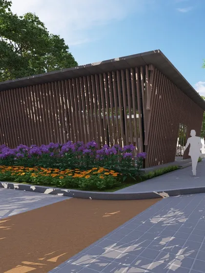A render of a modern pavilion with slatted wood walls, surrounded by colorful flower beds. This illustrates how we use architectural elements to frame views and create distinct zones within a larger landscape.