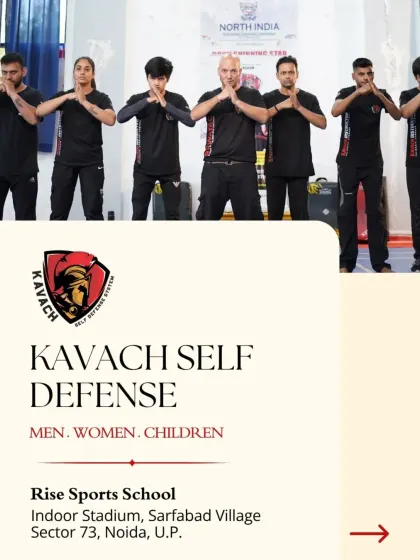 Kavach self-defense is for men, women, and children. Our instructors lead a group in a basic defensive stance, the foundation of our training system.