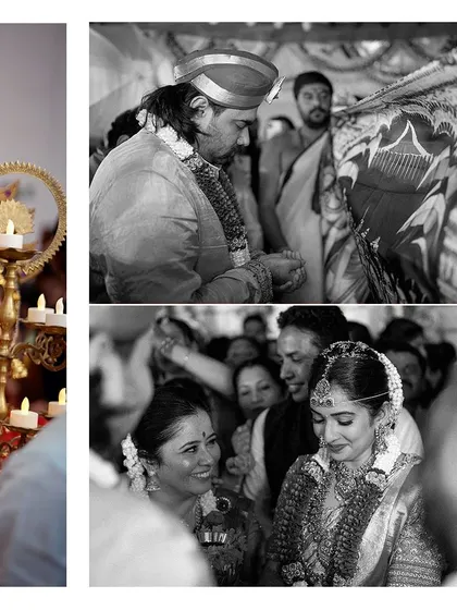 Black and white shots that highlight the timeless emotion and intricate details of the wedding rituals, from the bride's entry to the sacred ceremonies.