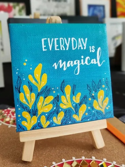 'Everyday is Magical' is the message on this mini canvas. The bright yellow botanicals against the teal background make it a cheerful and motivational gift for a friend's desk.