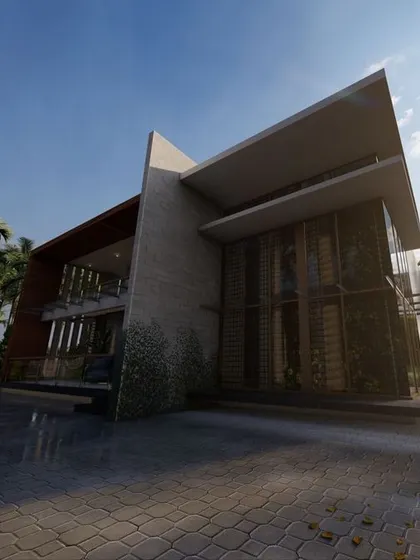 A striking architectural concept featuring sharp angles and a mix of materials. The design includes a large driveway, expansive glass walls, and a dynamic roofline, perfect for a client looking for a statement home.