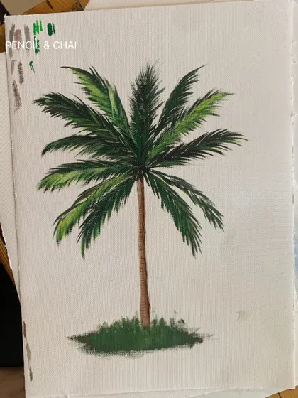 A beautifully rendered palm tree by a student. This is the result of our focused lessons on tree strokes, where every brush mark is made with intention.