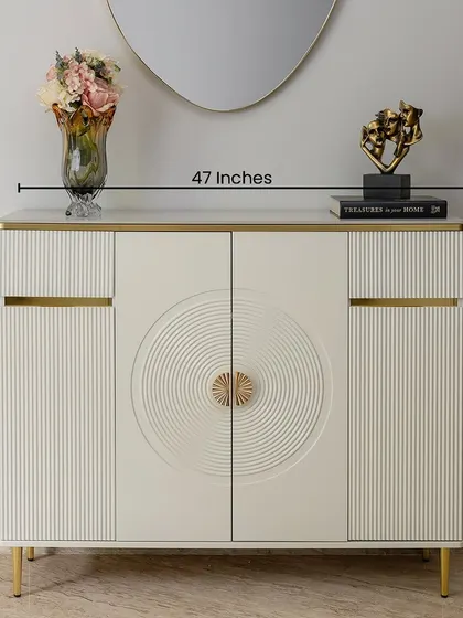Here you can see the dimensions of our cream-toned cabinet. At 47 inches wide and 39 inches tall, it provides substantial storage while maintaining an elegant profile.