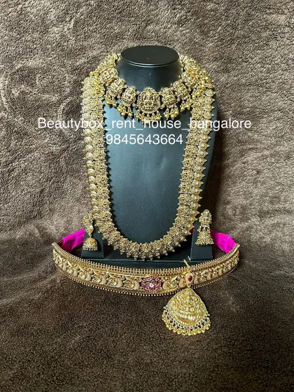 A beautiful antique coin (kasu) necklace set, including a choker, a long kasu haram, and a matching vaddanam. A very popular rental for its traditional appeal.
