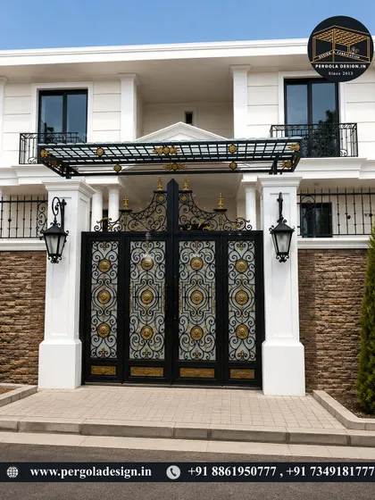 An opulent black and gold gate with intricate detailing, protected by a simple yet elegant pergola canopy. The design combines classic ornamental ironwork with modern structural support.