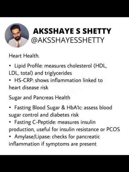 To understand your heart and pancreas health, I recommend tests like a Lipid Profile, hs-CRP, and Fasting Blood Sugar. These tests assess cholesterol, inflammation, and diabetes risk.