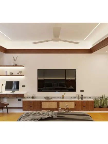Functionality meets style in this bedroom design. We integrated a sleek work desk and shelving next to the bed, creating a multi-purpose space. The warm wood tones and under-shelf lighting ensure the workspace feels cohesive with the room's relaxing vibe.