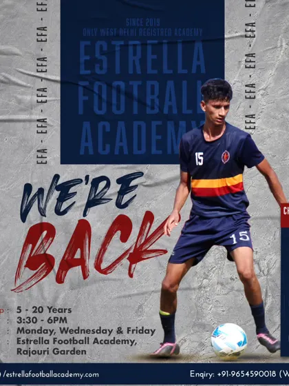 We are back in Rajouri Garden. This poster marks our return, offering professional training for players aged 5 to 20 with a chance to play in competitive leagues.