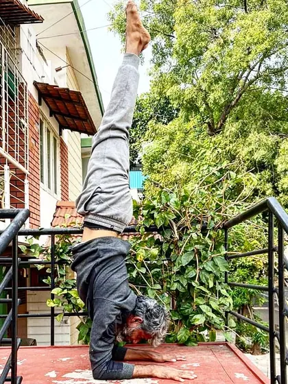 Pincha Mayurasana practice at home. Finding moments to go upside down throughout the day helps to reset the nervous system, improve circulation, and build consistent strength in the shoulders and arms.