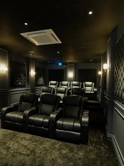 This wide view shows the two-tiered seating arrangement, with classic wall moldings and tufted acoustic panels creating a sophisticated and acoustically perfect environment.
