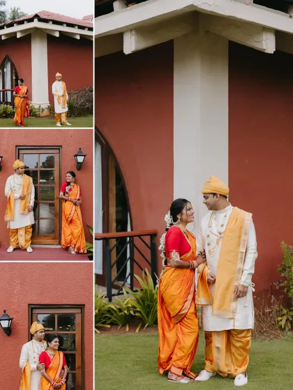 A collage of a Maharashtrian couple posing against a rustic red building, capturing their loving interactions from different angles and perspectives.