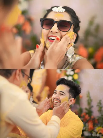 A fun split-screen of the bride and groom each getting turmeric applied to their faces. The bride's cool sunglasses add a touch of modern fun to the traditional event.