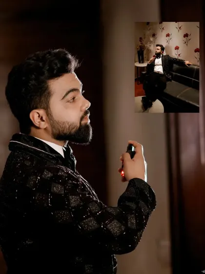 A collage showing the groom getting ready for his engagement, from sitting casually to spraying on cologne, capturing his suave style.