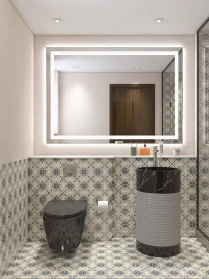 A 3D render showing an alternative pedestal sink design, demonstrating how we provide clients with multiple options.