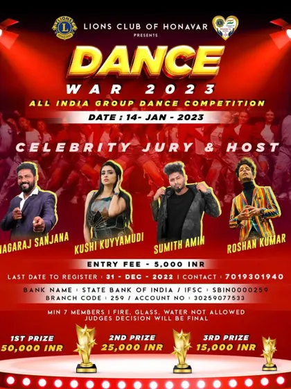 The official event poster for "Dance War 2023", an all-India dance competition where I was featured as a celebrity judge and host.