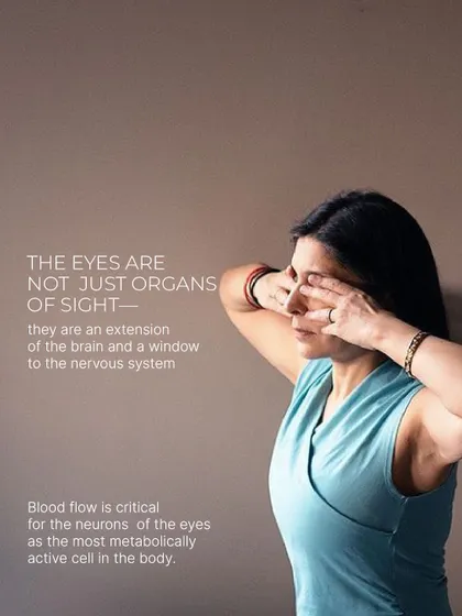 Demonstrating eye palming, a simple yet profound technique to cool and soothe the eyes. The eyes are a seat of 'Pitta' (fire) and require regular practices to cool them.