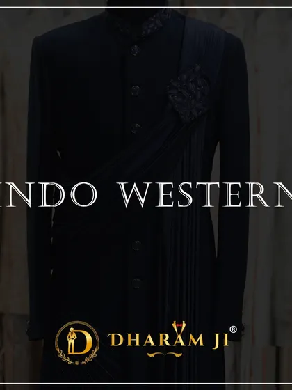 A promotional graphic for my Indo-Western collection, featuring a sleek black outfit with an attached drape for a modern, stylish silhouette.
