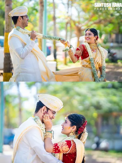A playful and romantic collage of a bride and groom during their wedding ceremony, sharing a fun moment with the garland.