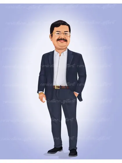 A classic full-body caricature of a man in a suit. This makes for a sophisticated and personalized birthday or corporate gift.