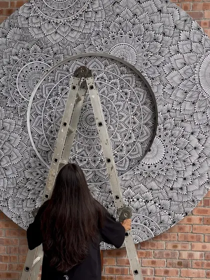 The view from the ladder. Creating large scale art like this is a full body experience, requiring constant movement and perspective shifts.