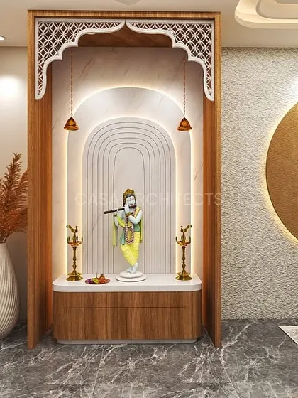 A 3D render of a beautiful pooja room, featuring an ornate arch, soft backlighting, and a statue of Lord Krishna, placed elegantly next to a modern dining area.