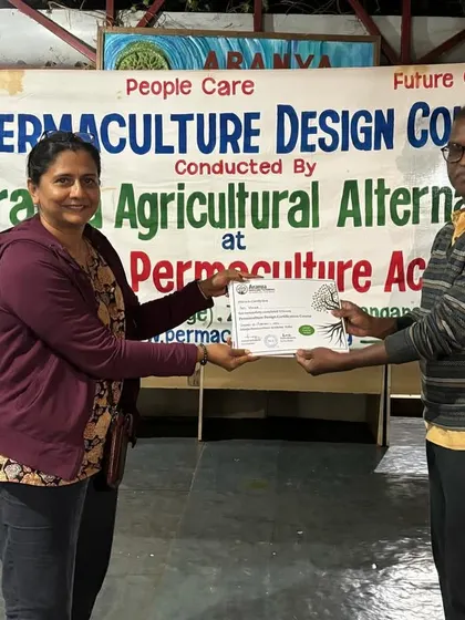 A proud moment receiving my Permaculture Design Course certificate from one of my gurus at the Aranya Agricultural Alternatives academy.