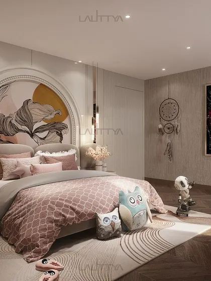 A beautifully appointed bedroom showcasing our signature style of quiet luxury. This space combines layered textures, a soothing color palette, and bespoke furniture to create a personal sanctuary for rest and relaxation.