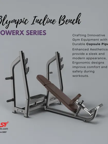 Our Olympic Incline Bench from the PowerX series, designed for optimal upper chest engagement with a heavy-duty steel frame.