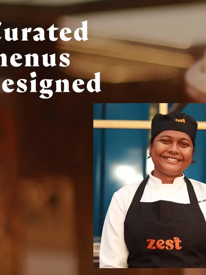 A graphic about curated menus featuring a smiling female chef from our team.