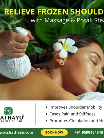 Frozen shoulder can be incredibly restrictive, but relief is possible. This image shows our Pinda Sweda (herbal poultice) therapy, which, when combined with targeted massage, eases pain and stiffness. This treatment promotes circulation and healing to restore your shoulder's mobility.