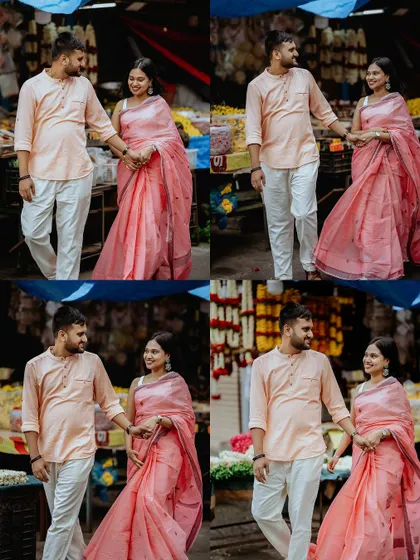 A four-image collage showing the couple holding hands and walking through the flower market, capturing the movement and vibrancy of the scene.