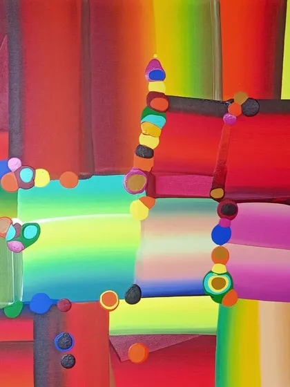 A vibrant acrylic painting from Bose Krishnamachari's 'Stretched Bodies' series. The artist's philosophy is that the more color you add to your life, the more your body stretches and accepts from the universe.