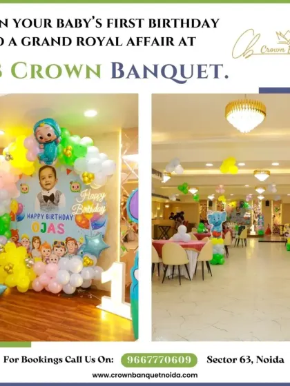 A Cocomelon-themed first birthday party. This image shows our hall transformed with colorful character cutouts and balloon decorations, perfect for fans of the popular show.
