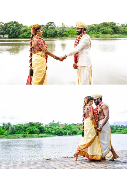 A collage of romantic poses by the lake on the wedding day, showcasing the couple's connection.
