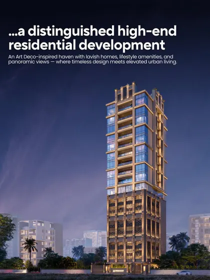 A night-time render of Crescent Park 9, a high-end residential development in Bandra. The design is an Art Deco-inspired haven with lavish homes, panoramic views, and amenities that merge timeless design with elevated urban living.