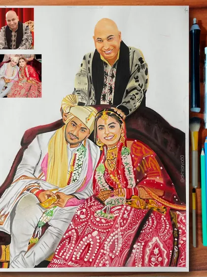 This A2 size colored pencil drawing is a unique wedding portrait that also includes a respected family elder blessing the couple. It shows how I can create complex, meaningful compositions from multiple photos.