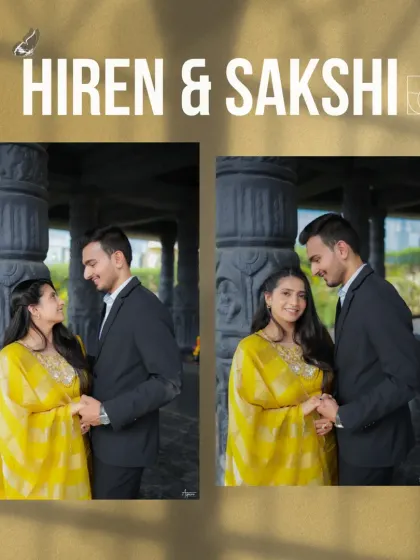 A stylish poster-style collage introducing Hiren and Sakshi. The mix of poses against the traditional architecture showcases the modern-meets-traditional vibe of their pre-wedding shoot.