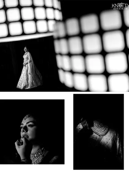 A series of high-contrast black and white bridal portraits, playing with shadows and light to create a dramatic and fashionable look.