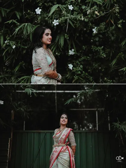 A diptych of the bride posing in a garden at dusk, her elegance shining through.