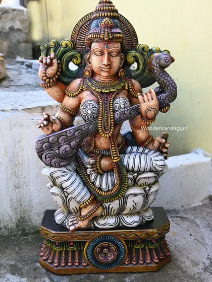 A full view of the sold 36-inch Saraswathi, a testament to the beauty of our hand-painted works.