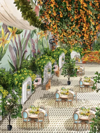A look into our design process. These concept sketches show how we envision transforming a conventional ballroom into a charming space with an al fresco feel, complete with color options and detailed layouts.