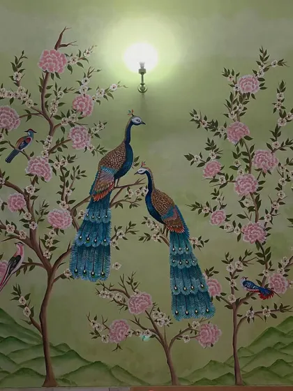 The full view of the peacock and cherry blossom mural, creating a serene and beautiful feature wall.